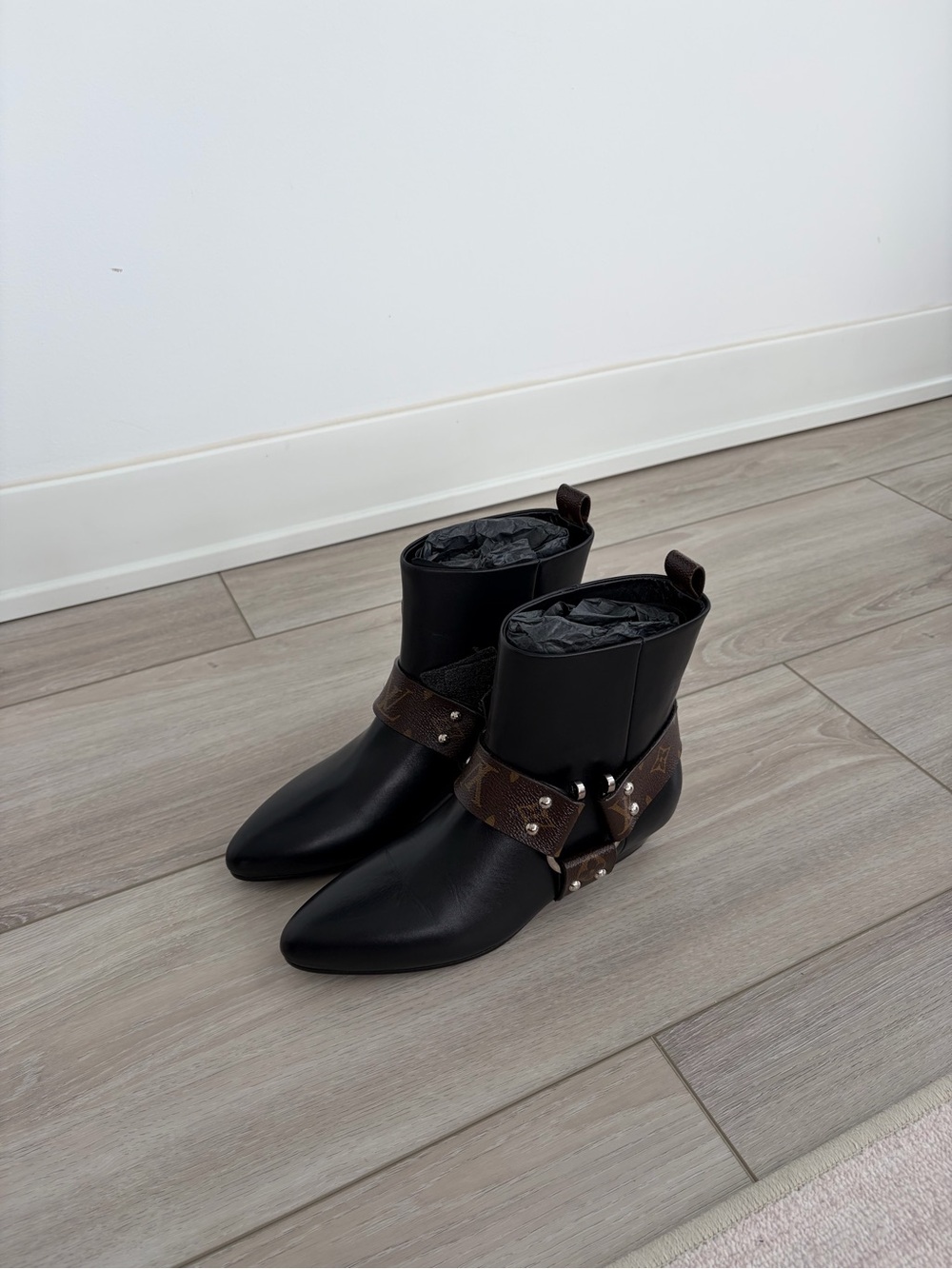 Louis Vuitton Black Leather Ankle Booties with Brown Monogram Harness
